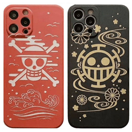 One Piece Anime Phone Case for iPhone, Straw Hat Pirates & Heart Pirates Jolly Roger Print Shockproof Soft TPU Protective Cover, Japanese Wave Sakura Pattern Skull Logo Phone Shell One Piece Merch for iPhone Series