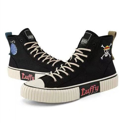 One Piece Luffy High Top Canvas Sneakers for Men Women, Black Anime Embroidery Skull Logo Skate Shoes, Unisex Lace-Up Thick Ribbed Cookie Sole Streetwear Cosplay Casual Shoes, Anime Fan Collectible Gift