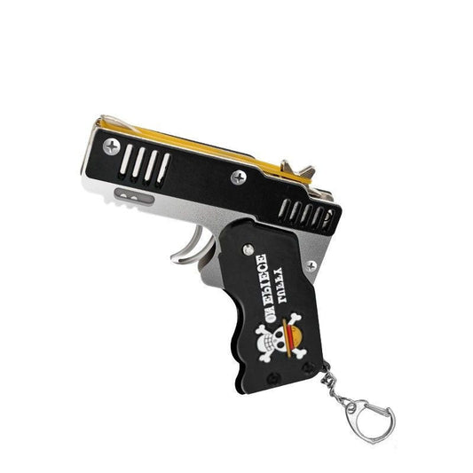 One Piece Mini Folding Rubber Band Gun Keychain, Straw Hat Pirates Jolly Roger Metal Rubber Band Launcher Toy, Portable Foldable Key Ring Collectible Ornament, Anime Fan Desk Decor & Gift