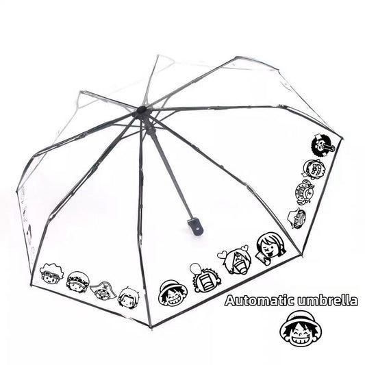 One Piece Anime Automatic Clear Umbrella, Luffy and Crew Q Chibi Character Print Transparent Rain Umbrella, Portable Folding Auto Open Umbrella, Anime Collectible Gift for One Piece Fans