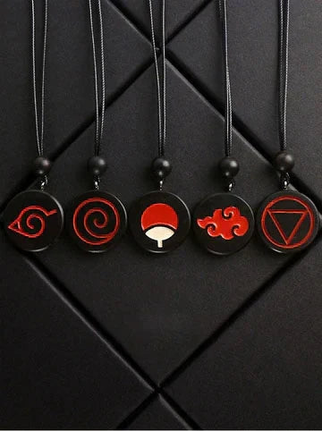 Naruto Anime Symbol Pendant Necklace, Akatsuki Red Cloud Sharingan Konoha Logo Wooden Necklace, Adjustable Rope Chain Cosplay Jewelry, Gift for Naruto Fans