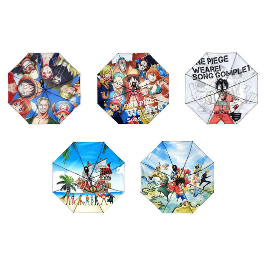 One Piece Anime Auto Open Folding Umbrella, Full Crew Luffy Zoro Nami Chopper Print Compact Travel Umbrella, Windproof Black Coating UV Protection Rain Parasol, One Piece Anime Merch Gift for Fans