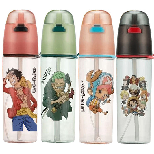 One Piece Anime Water Bottle, Luffy Zoro Chopper Portable Plastic Tumbler with Flip Straw, Leakproof Reusable Travel Water Cup, BPA Free Sports Drink Bottle for School Gym Outdoor, One Piece Fans Gift