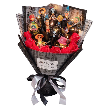 One Piece Figure Bouquet, Anime Luffy Zoro Sanji Chopper Figurine Bouquet with LED Fairy Lights, Artificial Rose Flower Gift Box, Birthday Valentine Anniversary Gift for Anime Fans