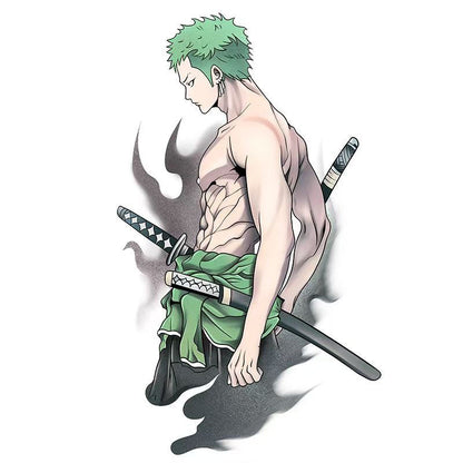 One Piece Roronoa Zoro Temporary Tattoo Sticker, Anime Zoro Character Fake Tattoo, Waterproof Long Lasting Body Art Tattoo Decal, Large Size Tattoo Stickers for Arm Leg, Anime Cosplay Merch Gift for One Piece Fans