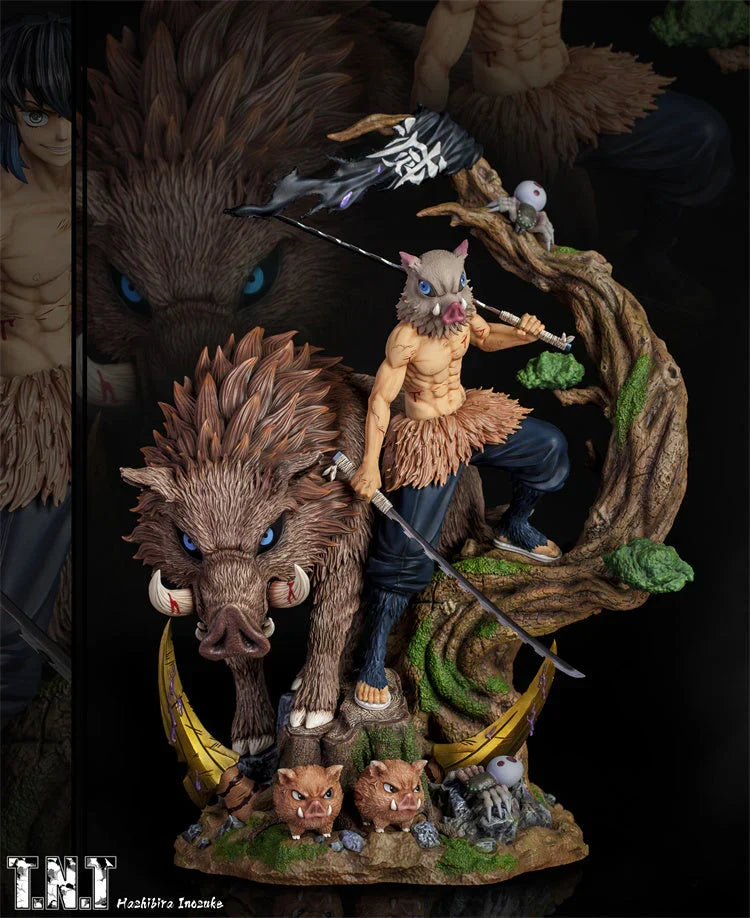 Demon Slayer Inosuke Hashibira Figure, Boar Head Inosuke Resin GK Statue, Anime Hashibira Inosuke with Giant Wild Boar Diorama Figurine, Collectible Desktop Ornament Model Gift for Demon Slayer Fans