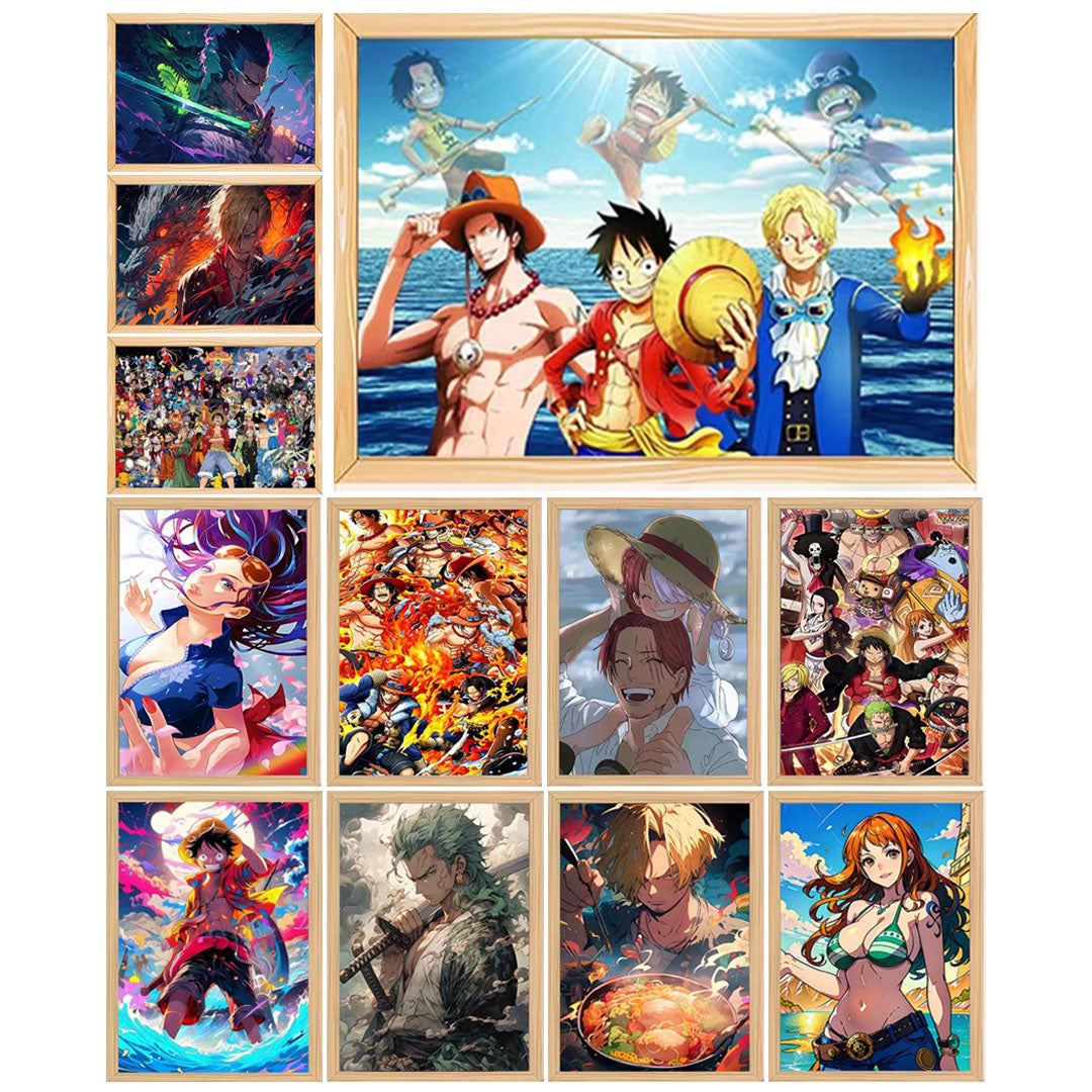 One Piece Anime LED Light Up Painting, Luffy Zoro Sanji Nami Framed Light Canvas Wall Art, Anime Poster Lamp, Wooden Frame Illuminated Wall Decor, One Piece Fan Room Decoration Gift