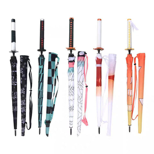 Demon Slayer Anime Sword Umbrella, Katana Shape Handle Long Rain Umbrella, Tanjirou Zenitsu Shinobu Pattern Parasol, Windproof Sun Rain Umbrella, Demon Slayer Cosplay Merch Gift for Anime Fans