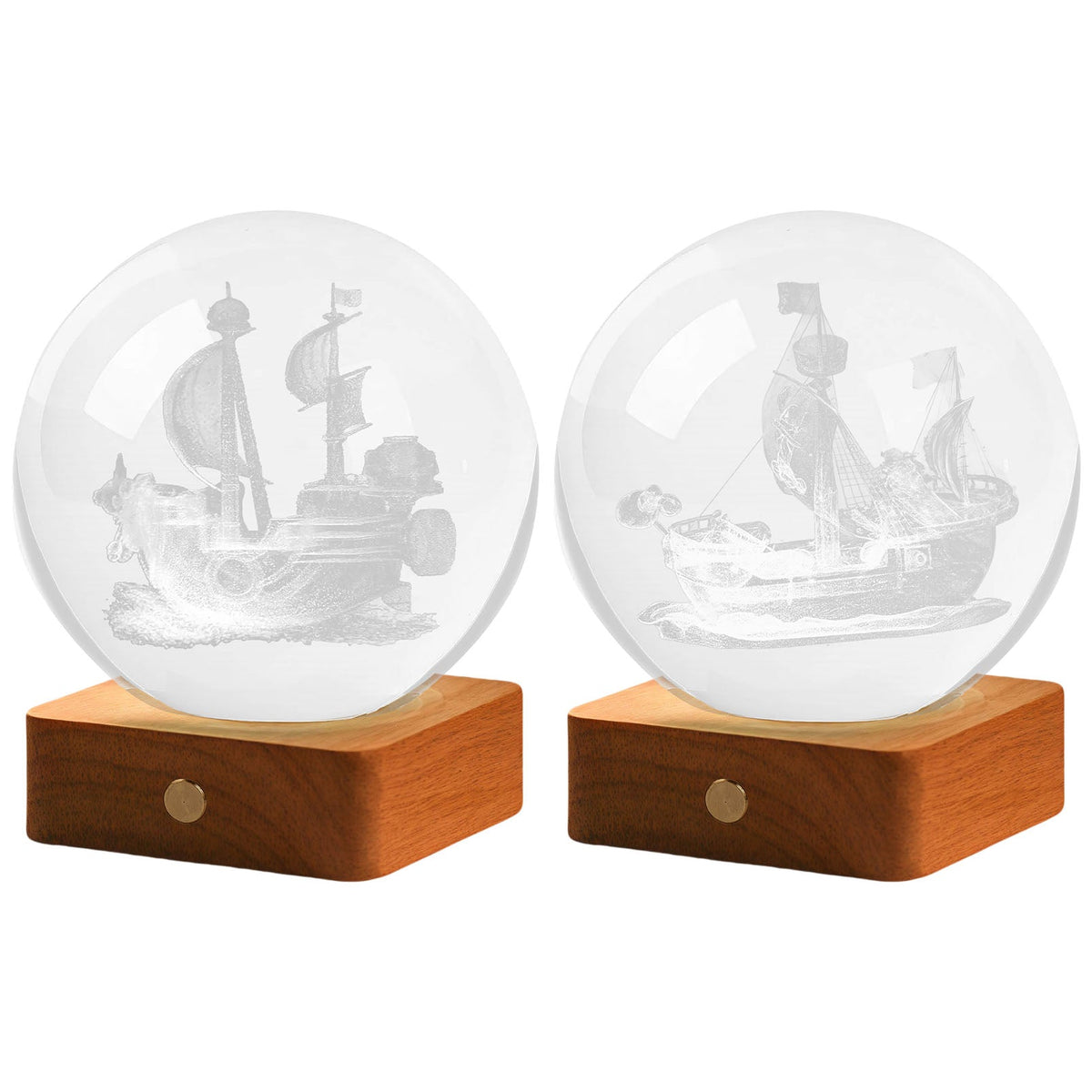 One Piece Thousand Sunny & Going Merry 3D Laser Engraved Crystal Ball Night Light, Anime Pirate Ship Crystal Sphere Lamp, USB Powered Wooden LED Base, Desk Decor Collectible Gift for One Piece Fans