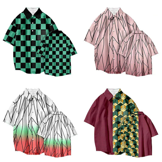 Demon Slayer Anime Pajama Set for Men Women, Short Sleeve Button Down Shirt & Shorts Sleepwear, Multiple Character Pattern Loungewear Set, Soft Home Nightwear, Anime Gift for Demon Slayer Fans