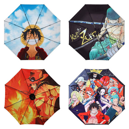 One Piece Anime Folding Umbrella, Luffy Zoro Ace Straw Hat Crew Printed Compact Rain Sun Umbrella, Portable Auto Open Close Parasol, Anime Merch Gift for One Piece Fans