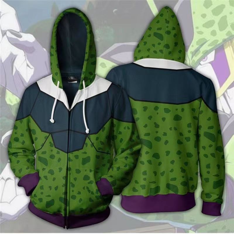 Dragon Ball Z Cell Cosplay Zip Up Hoodie, DBZ Perfect Cell 3D Printed Hooded Sweatshirt Jacket, Anime Dragon Ball Cell Costume Hoodie for Fans
