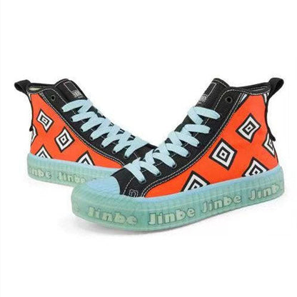 One Piece Jinbe High Top Canvas Sneakers for Men Women, Orange Black Geometric Pattern Anime Skate Shoes, Unisex Lace-Up Translucent Light Blue Thick Cookie Sole Streetwear Cosplay Casual Shoes, Anime Fan Collectible Gift