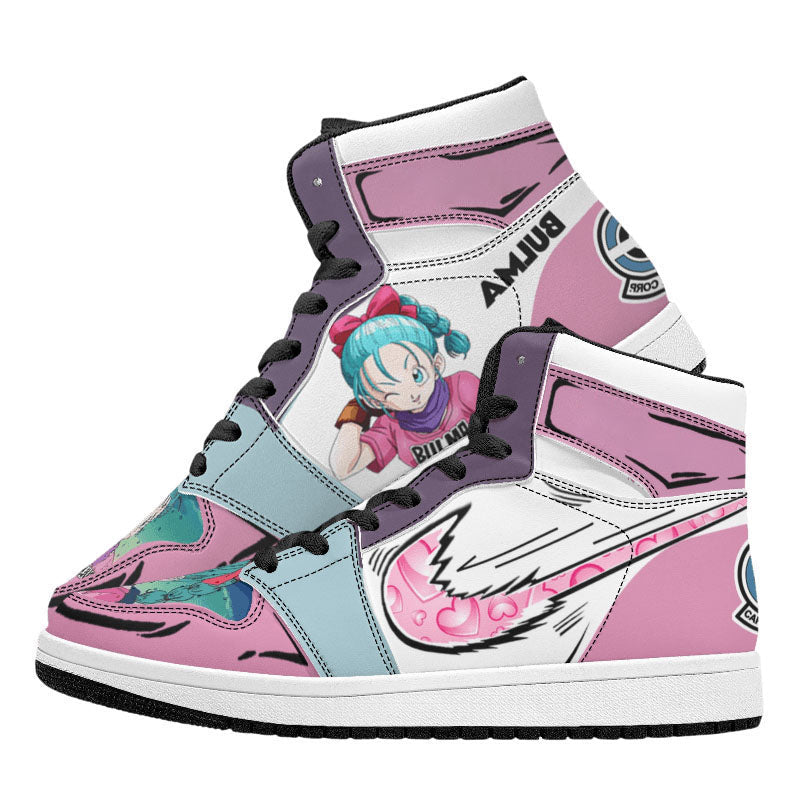 Dragon Ball Bulma Anime High Top Sneakers, Pink White Light Blue Custom Print Streetwear Shoes, Men Women Casual Fashion Sneakers, Anime Fan Collectible Footwear Gift