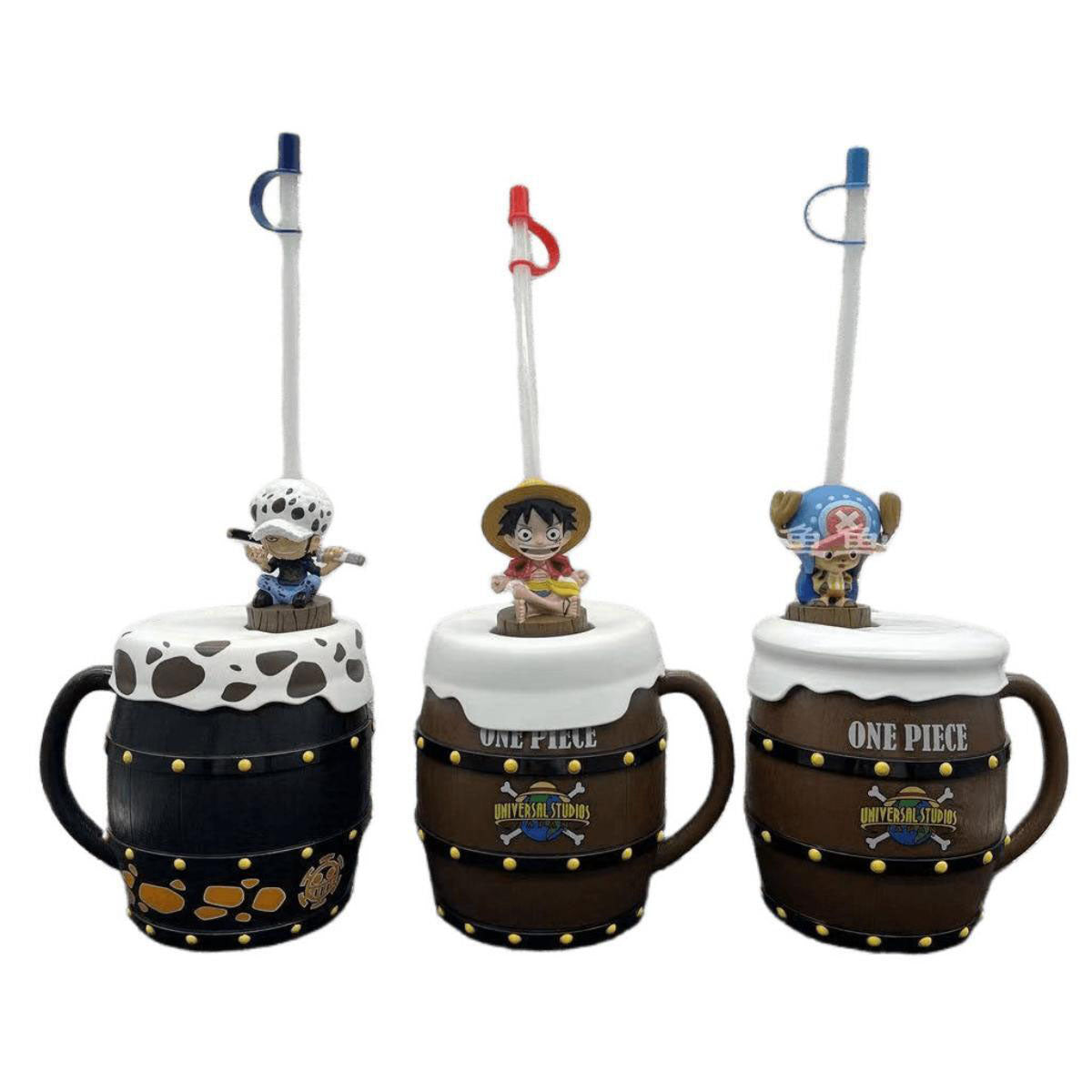 One Piece Barrel Shaped Straw Cup with 3D Character Figure Topper, Anime Pirate Barrel Water Mug, Reusable Plastic Drink Bottle with Straw, Collectible Gift for One Piece Anime Fans
