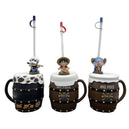 One Piece Barrel Shaped Straw Cup with 3D Character Figure Topper, Anime Pirate Barrel Water Mug, Reusable Plastic Drink Bottle with Straw, Collectible Gift for One Piece Anime Fans