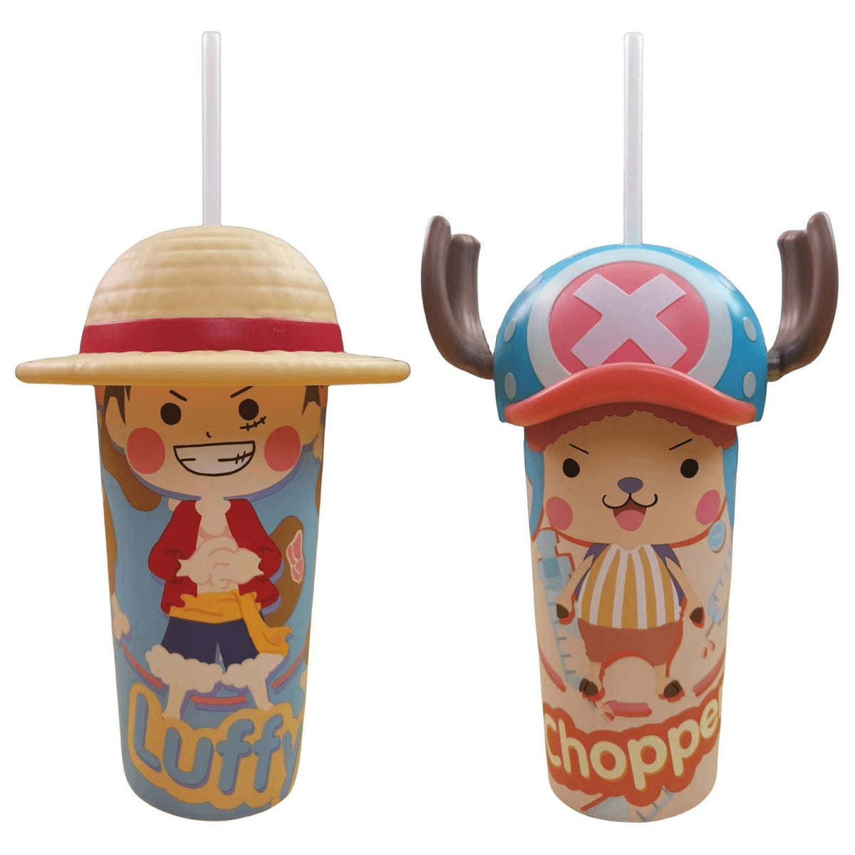 One Piece Anime Straw Tumbler, Luffy Straw Hat & Chopper Horn 3D Sculpted Lid Plastic Water Cup with Straw, Cute Anime Character Drinking Cup, Fan Collectible Cup for Beverage