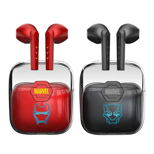 Marvel TWS True Wireless Bluetooth Earbuds, Iron Man Black Panther Semi In-ear Earphones, Transparent Charging Case Marvel Stereo Headphones, Portable Marvel Collectible Earbuds, Gift for Marvel Superhero Fans