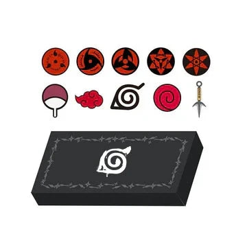 Naruto Anime Sharingan Metal Pin Badge Set, Leaf Village Symbol Akatsuki Cloud Uchiha Brooch Collection Box, Ninja Kunai Pendant, Cosplay Lapel Pins, Collectible Gift for Naruto Anime Fans Teens Adults