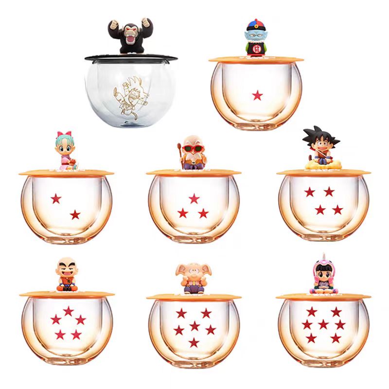 Dragon Ball Z Anime Glass Cup with Figure Lid, DBZ Dragon Star Pattern Double Wall Glass Mug, Cute Mini Character Figurine Cover Tea Coffee Cup, Dragon Ball Collectible Drinkware Gift for Anime Fans