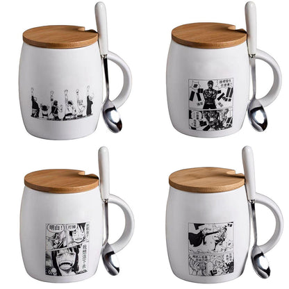 One Piece Anime Manga Panel Ceramic Mug with Bamboo Lid & Spoon, Black White Comic Print Coffee Cup, Large Capacity Drinking Mug, Anime Fan Desktop Decor Collectible Gift for One Piece Fans