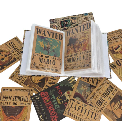One Piece Wanted Poster Collection Book, Anime Bounty Wanted Posters Album, Vintage Kraft Paper Wanted Cards with Storage Book, Collectible Bounty Poster Set Gift for One Piece Fans