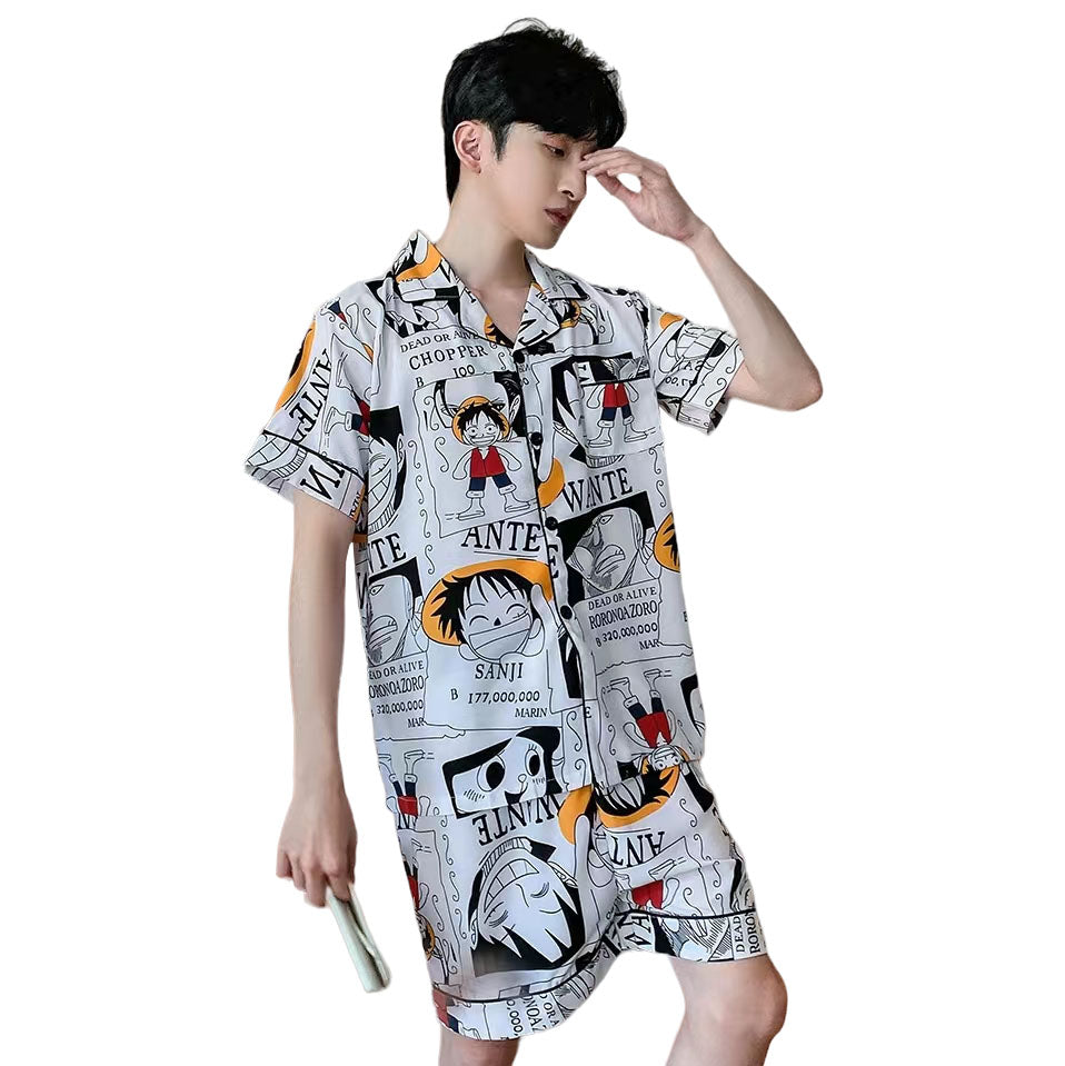 One Piece Monkey D. Luffy Anime Men Pajama Set, Short Sleeve Button Down Shirt & Shorts Sleepwear, Manga Print Casual Nightwear, Soft Home Loungewear Set, Anime Gift for One Piece Fans