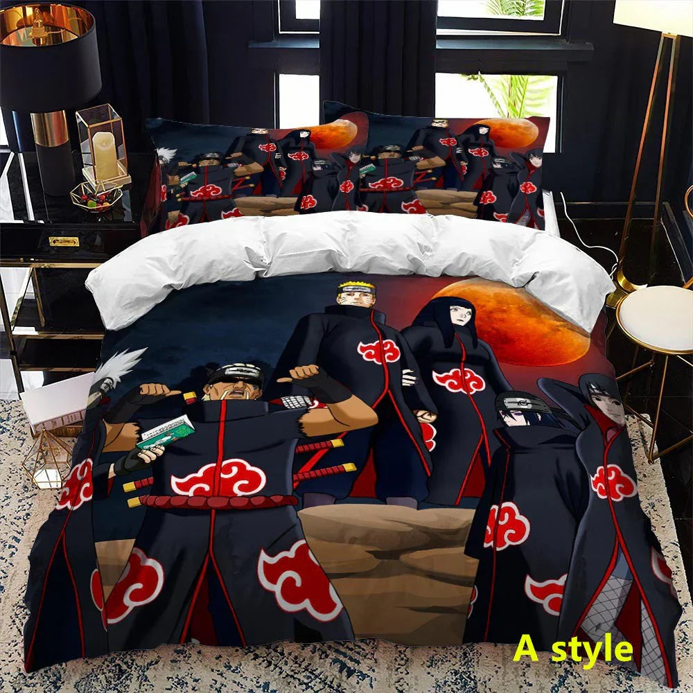 Naruto Anime Bedding Set, 3D Print Duvet Cover with Pillowcases, Akatsuki Red Cloud Comforter Cover Set, Soft Microfiber Bed Sheets, Bedroom Decor Gift for Naruto Fans
