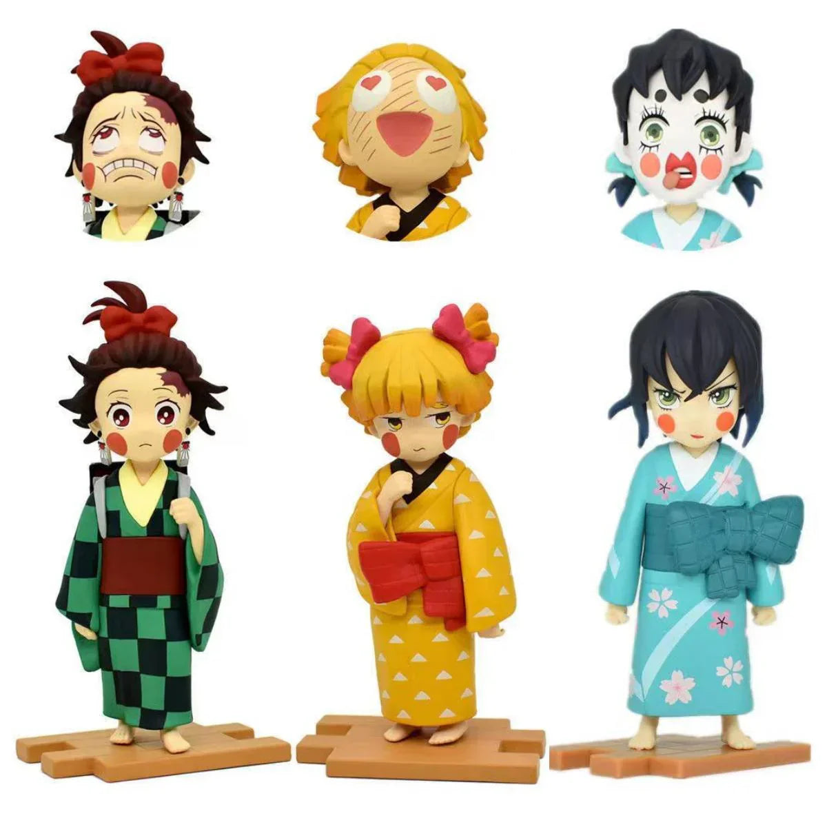 Demon Slayer Kimetsu no Yaiba Anime Figure, Tanjiro Zenitsu Inosuke Kimono Version Figurine with Extra Interchangeable Face, Cute Demon Slayer Collectible Statue, Desk Decor Anime Gift for Fans