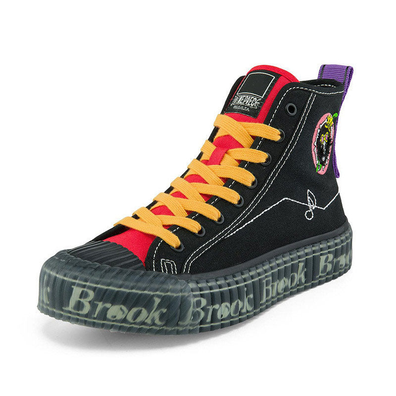 One Piece Brook High Top Canvas Sneakers, Anime Black Skull Embroidery Casual Skate Shoes for Men Women, Brook Letter Print Platform Rubber Sole High Tops, Streetwear Cosplay Anime Fan Shoes