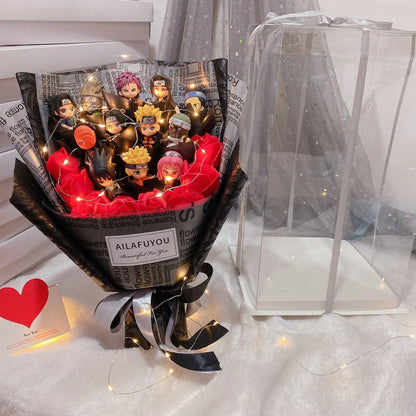 Naruto Anime Figure Bouquet with LED Fairy Lights, Naruto Mini Figurine Artificial Rose Gift Box, Handmade Character Flower Bouquet, Birthday Valentine Graduation Gift for Naruto Fans