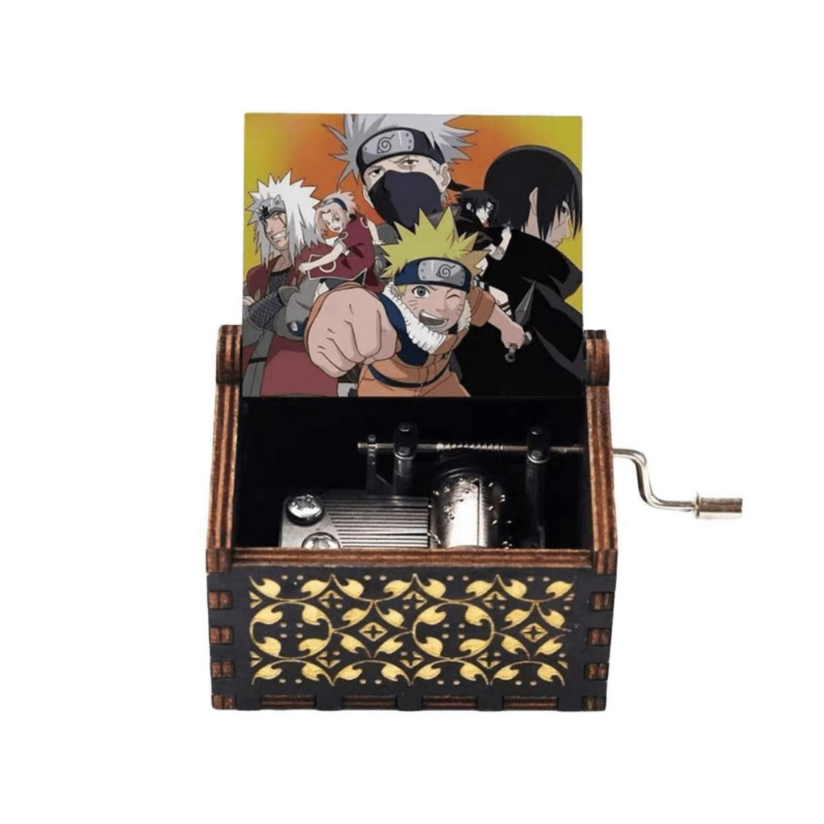Naruto Anime Hand Crank Wooden Music Box, Classic Anime Theme Song Engraved Wooden Musical Box, Multiple Naruto Character Print, Vintage Hand Crank Music Box Collectible Gift for Anime Fans Teens Adults