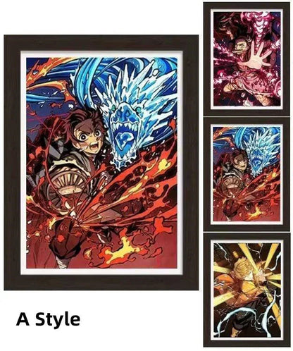 Demon Slayer 3D Lenticular Poster with Frame, Kimetsu no Yaiba Anime Stereo Gradient Wall Art, Flip Changing Picture, Anime Framed Decor Painting for Bedroom Gaming Room, Anime Merch Gift for Demon Slayer Fans