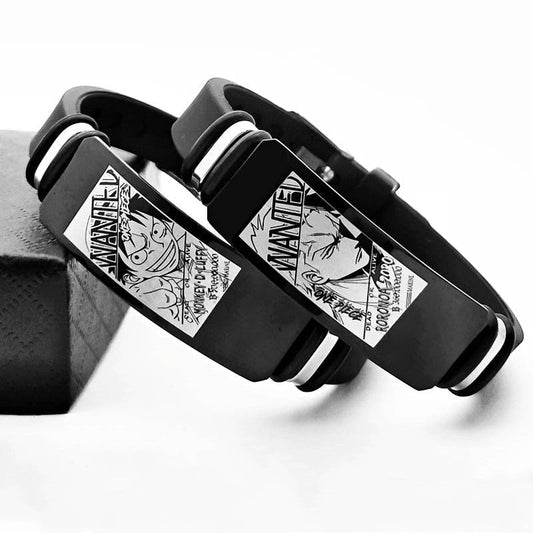 One Piece Anime Bracelet, Wanted Poster Engraved Silicone Wristband, Adjustable Stainless Steel Tag Bracelet, Luffy Zoro Ace Sabo Nami Sanji Chopper Cosplay Jewelry Gift for One Piece Fans