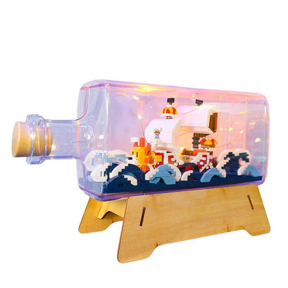 One Piece Thousand Sunny Ship in Bottle Micro Building Blocks Set, LED Light Mini Bricks Model with Display Bottle & Wood Stand, DIY Assembly Toy, Desktop Decor, Collectible Gift for Anime Fans