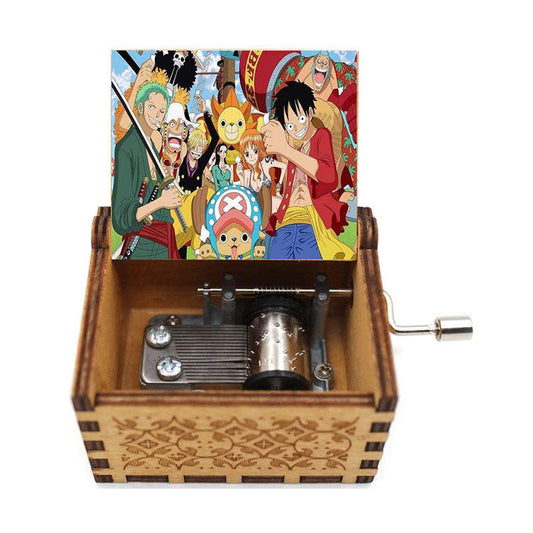 One Piece Anime Hand Crank Wooden Music Box, Straw Hat Pirates Luffy Crew Print Lid Engraved Musical Box, Classic Anime Theme Song, Manual Hand Crank No Battery, Anime Collectible Desk Decor Gift for Fans