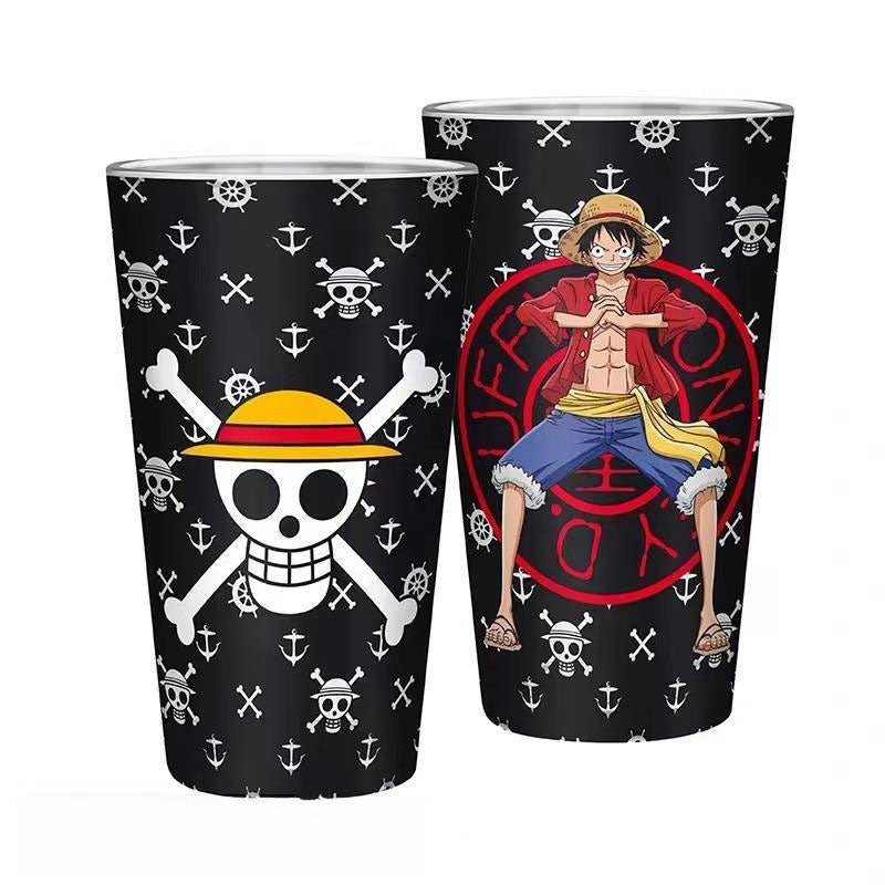 One Piece Luffy Pint Glass, Straw Hat Pirate Skull Logo Anime Drinking Cup, 16oz Glass Tumbler for Soda Beer Water, Collectible Table Decor Gift for One Piece Anime Fans