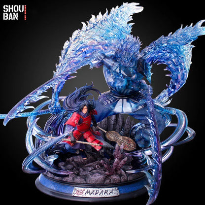 Naruto Uchiha Madara Figure, Susanoo & Kurama Giant GK Statue, Anime Naruto Shippuden Collectible Figurine with LED Light, Double Head Carving, Desktop Ornament Gift for Anime Fans