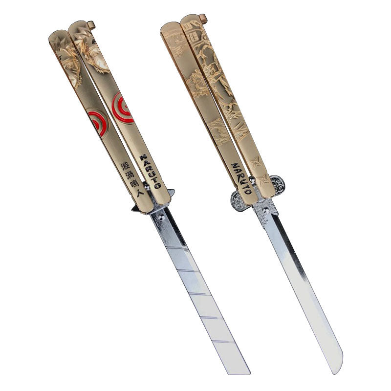 Anime Katana Balisong Trainer, Cosplay Butterfly Knife Trainer, No Blade Dull Safe Practice Sword, Demon Slayer & Naruto Anime Butterfly Knife Model with Leather Sheath, Anime Collection Toy Gift for Fans