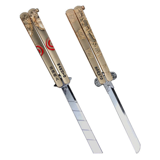 Anime Katana Balisong Trainer, Cosplay Butterfly Knife Trainer, No Blade Dull Safe Practice Sword, Demon Slayer & Naruto Anime Butterfly Knife Model with Leather Sheath, Anime Collection Toy Gift for Fans