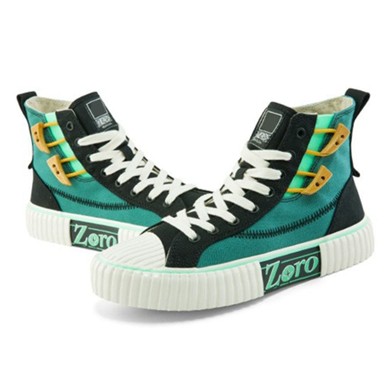 One Piece Zoro High Top Canvas Sneakers, Unisex Lace-Up Thick Ribbed Cookie Sole Skate Shoes, Green Black Anime Casual Footwear, One Piece Anime Streetwear Sneakers, Anime Fan Collectible Gift