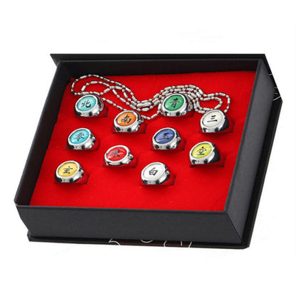 Naruto Akatsuki Rings Set 10 Pcs, Anime Cosplay Metal Rings with Necklace Chain, Akatsuki Member Symbol Ring Collection Gift Box, Costume Accessory for Naruto Fans