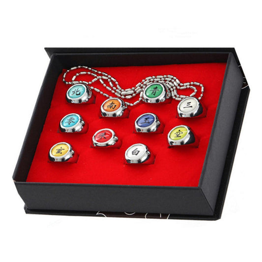 Naruto Akatsuki Rings Set 10 Pcs, Anime Cosplay Metal Rings with Necklace Chain, Akatsuki Member Symbol Ring Collection Gift Box, Costume Accessory for Naruto Fans