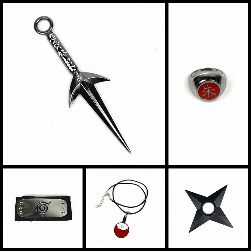 Naruto Cosplay Accessories Set, Metal Kunai Shuriken Leaf Village Headband, Sharingan Ring Necklace, Anime Ninja Prop Kit, Naruto Costume Collection Gift for Fans