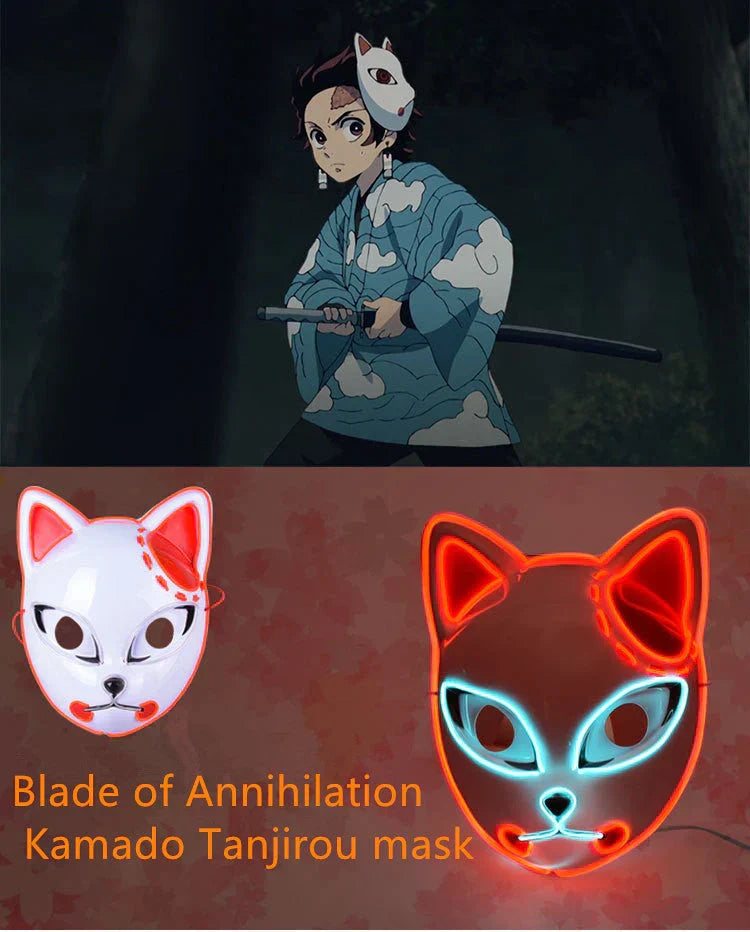Demon Slayer Anime Cosplay Mask, Inosuke Boar Mask & LED Glowing Cat Fox Mask, Kimetsu no Yaiba Halloween Party Costume Prop, Light Up Anime Mask for Cosplay, Halloween Carnival Dress Up Gift