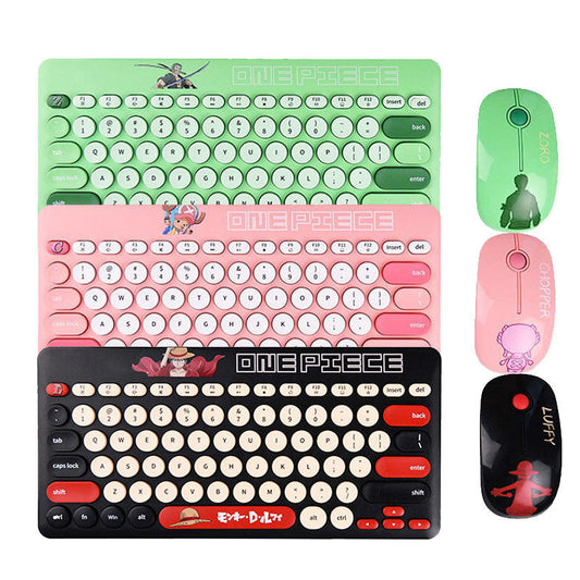 One Piece Wireless Keyboard and Mouse Set, Retro Round Punk Keycaps Anime Keyboard Mouse Combo, 2.4G Portable Cute Wireless Keyboard Mouse Kit for Laptop PC Desktop, One Piece Fans Gift
