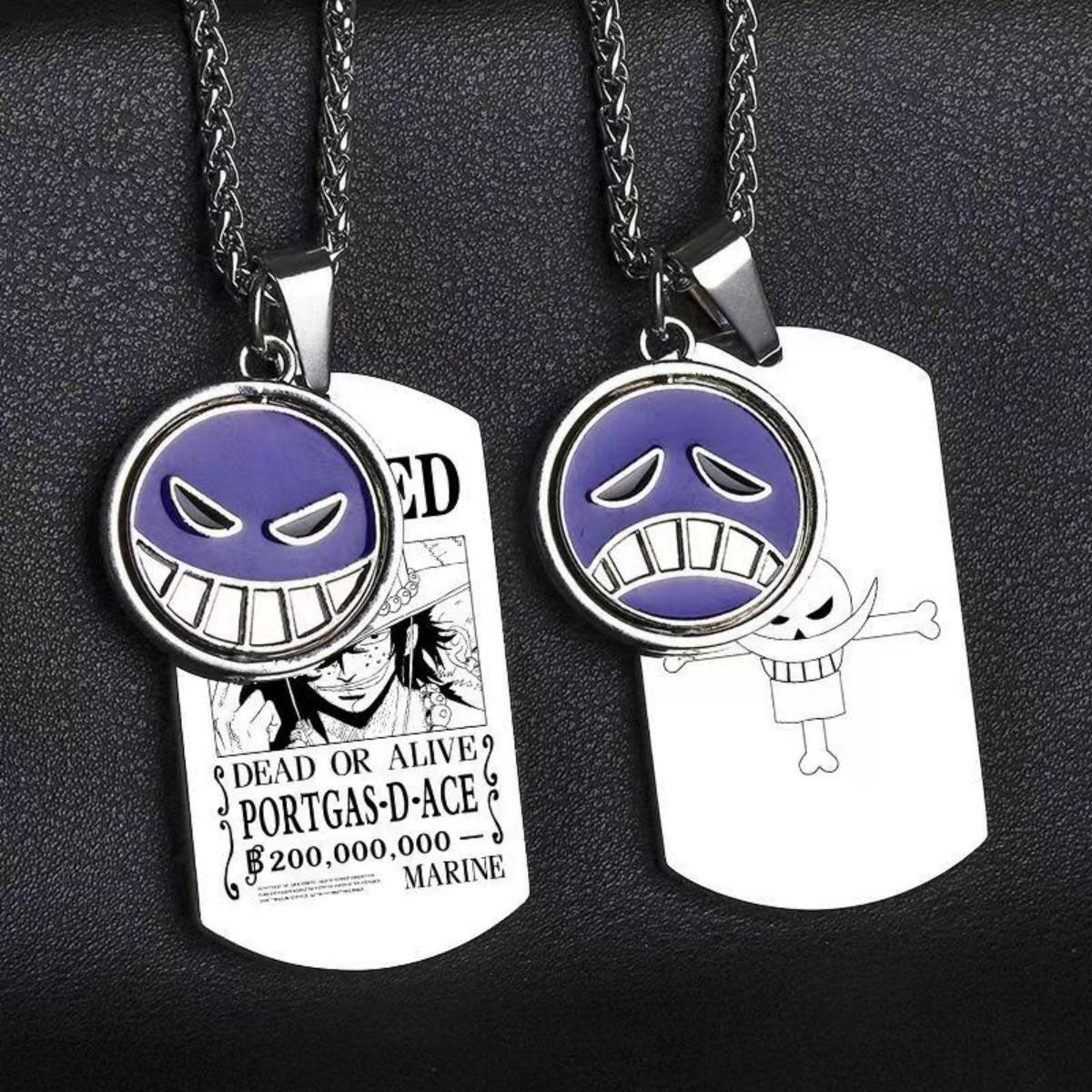One Piece Portgas D Ace Necklace, Ace Spinning Pendant with Wanted Poster Dog Tag, Anime Whitebeard Pirates Enamel Rotatable Charm Necklace, Cosplay Jewelry Gift for One Piece Fans