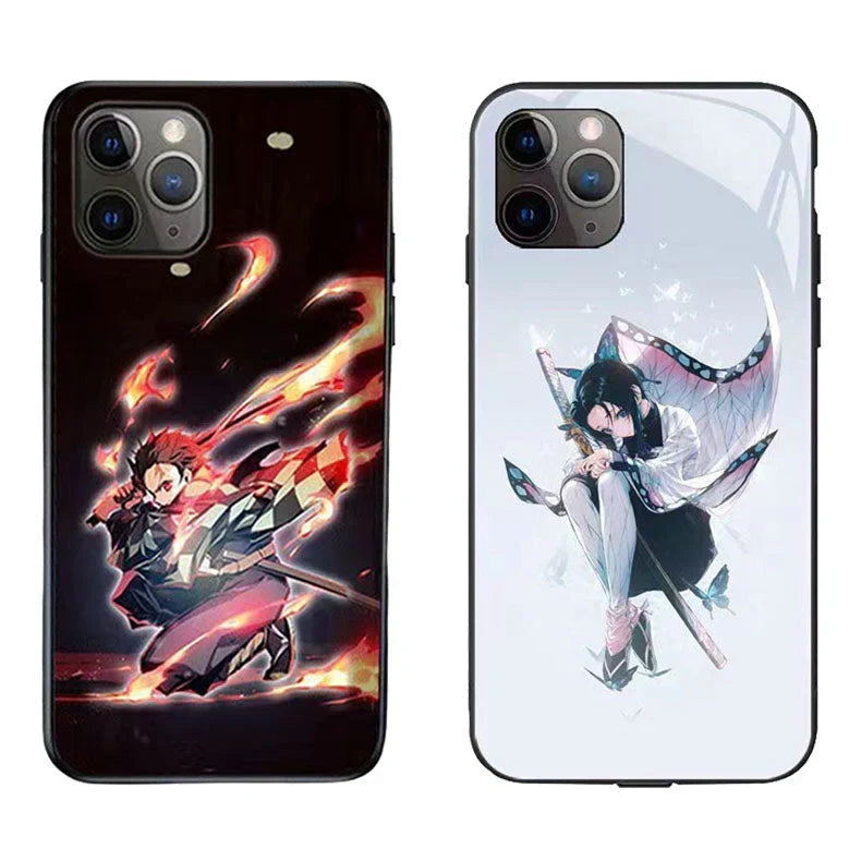 Demon Slayer LED Light Up Phone Case, Anime Tanjiro Shinobu Luminous Tempered Glass Back Cover, Flash Light Glowing Case for iPhone, Shockproof Protective Anime Phone Shell