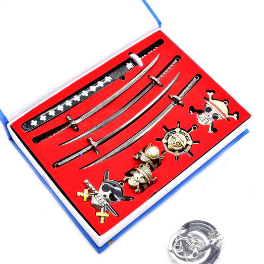One Piece Zoro Mini Katana Collection Set 10Pcs, Metal Mini Sword Replica with Straw Hat Pirates Jolly Roger Pendant, Anime Weapon Model Keychain Gift Box, One Piece Collectible Desk Decor, Fan Merch Gift