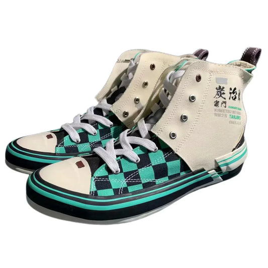 Demon Slayer Tanjiro Kamado High Top Canvas Sneakers, Kimetsu No Yaiba Anime Checkerboard Pattern Casual Shoes, Men Women Cosplay Streetwear Trainers, Demon Slayer Fan Collectible Footwear Gift